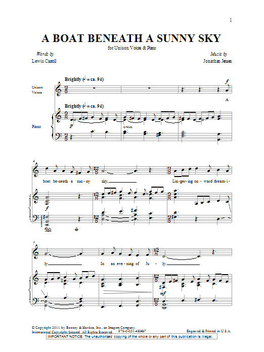 Download Jonathan Jenson A Boat Beneath A Sunny Sky Sheet Music and learn how to play Unison Choral PDF digital score in minutes