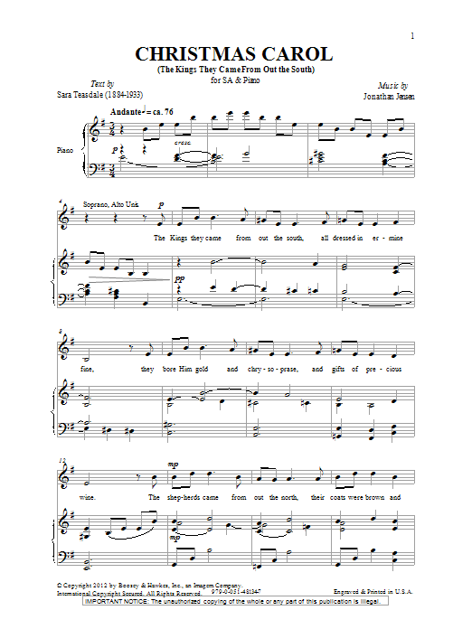 Download Jonathan Jensen Christmas Carol (The Kings They Came Out From The South) Sheet Music and learn how to play 2-Part Choir PDF digital score in minutes