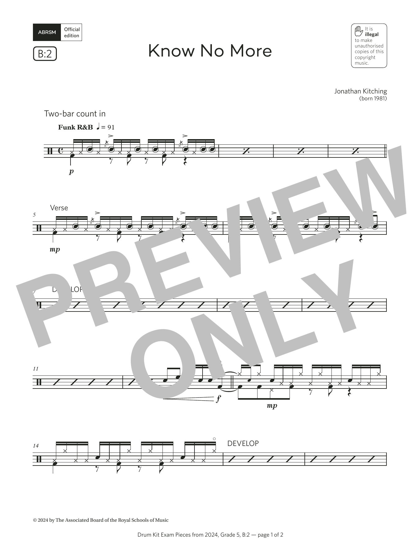 Download Jonathan Kitching Know No More (Grade 5, list B2, from the ABRSM Drum Kit Syllabus 2024) Sheet Music and learn how to play Drums PDF digital score in minutes
