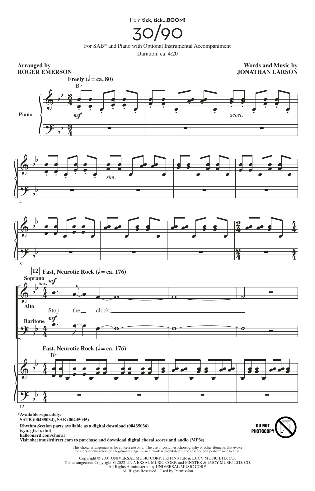 Download Jonathan Larson 30/90 (from tick, tick... BOOM!) (arr. Roger Emerson) Sheet Music and learn how to play SAB Choir PDF digital score in minutes