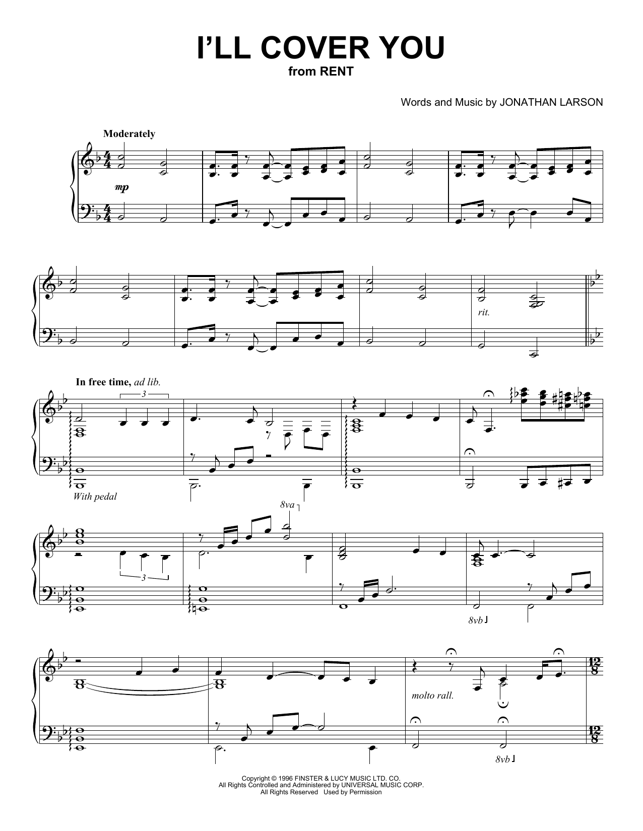 Download Jonathan Larson I'll Cover You (from Rent) (Peaceful Piano Solo) Sheet Music and learn how to play Piano Solo PDF digital score in minutes