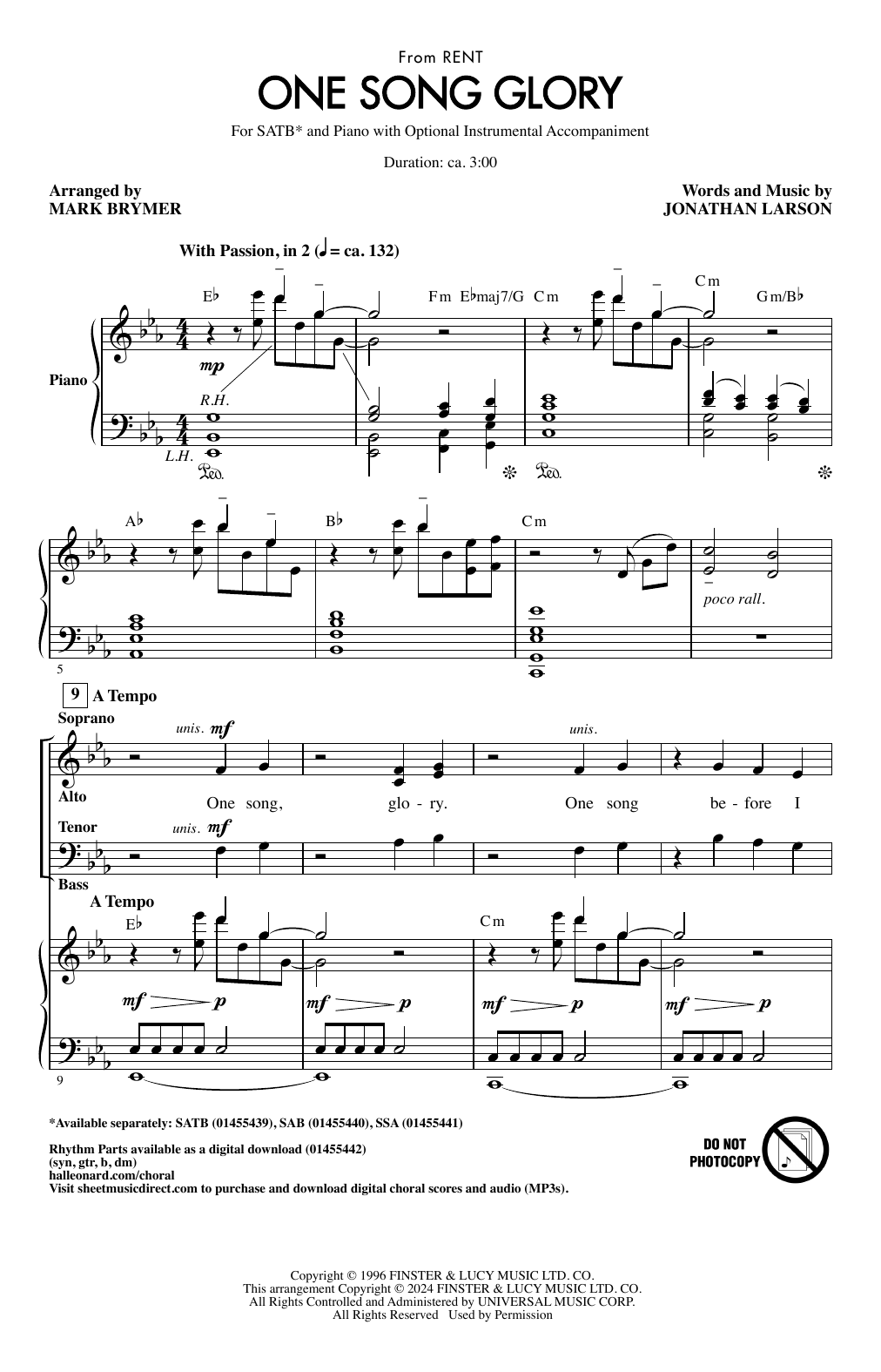 Download Jonathan Larson One Song Glory (from Rent) (arr. Mark Brymer) Sheet Music and learn how to play SATB Choir PDF digital score in minutes