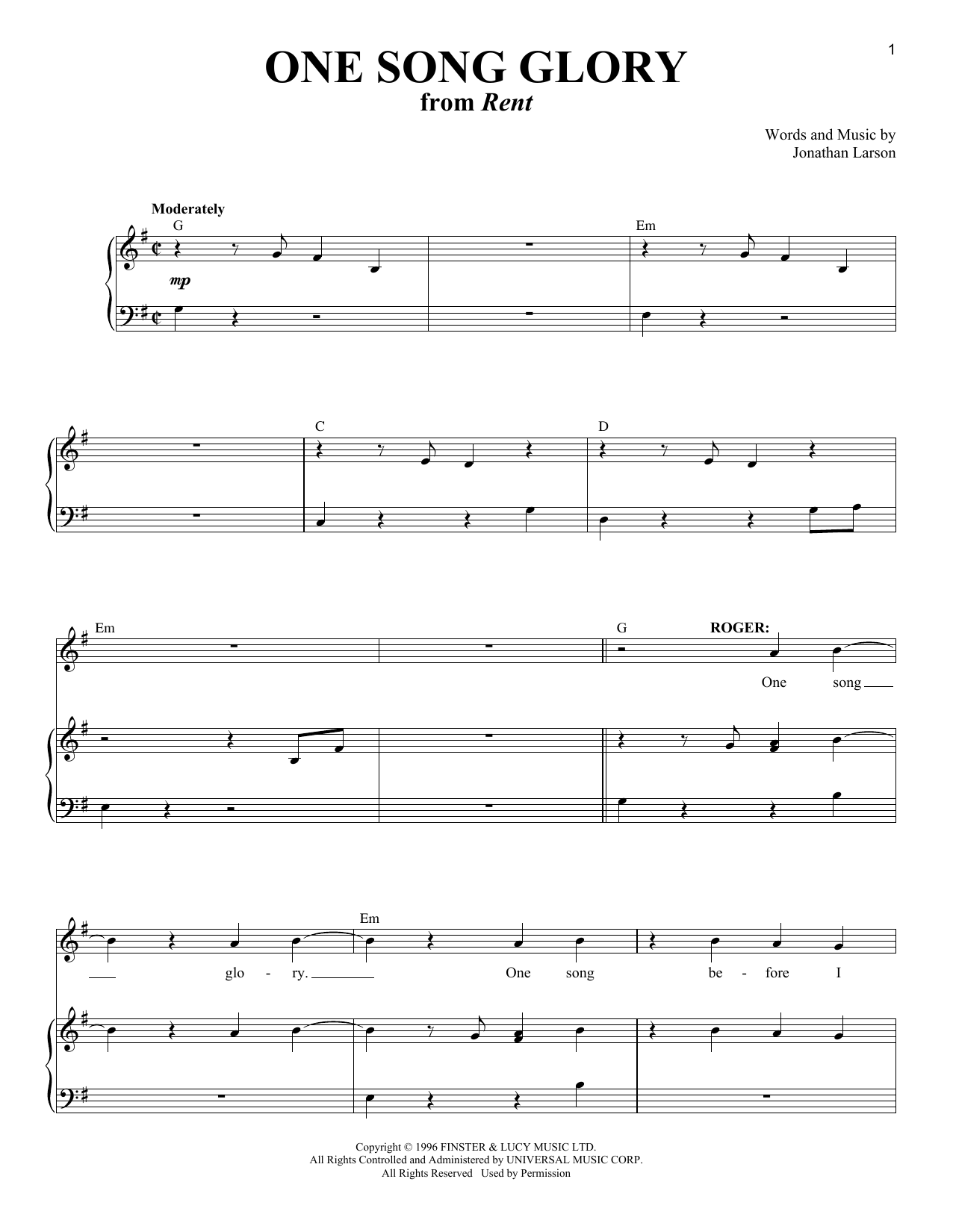 Download Jonathan Larson One Song Glory (from Rent) Sheet Music and learn how to play Piano & Vocal PDF digital score in minutes