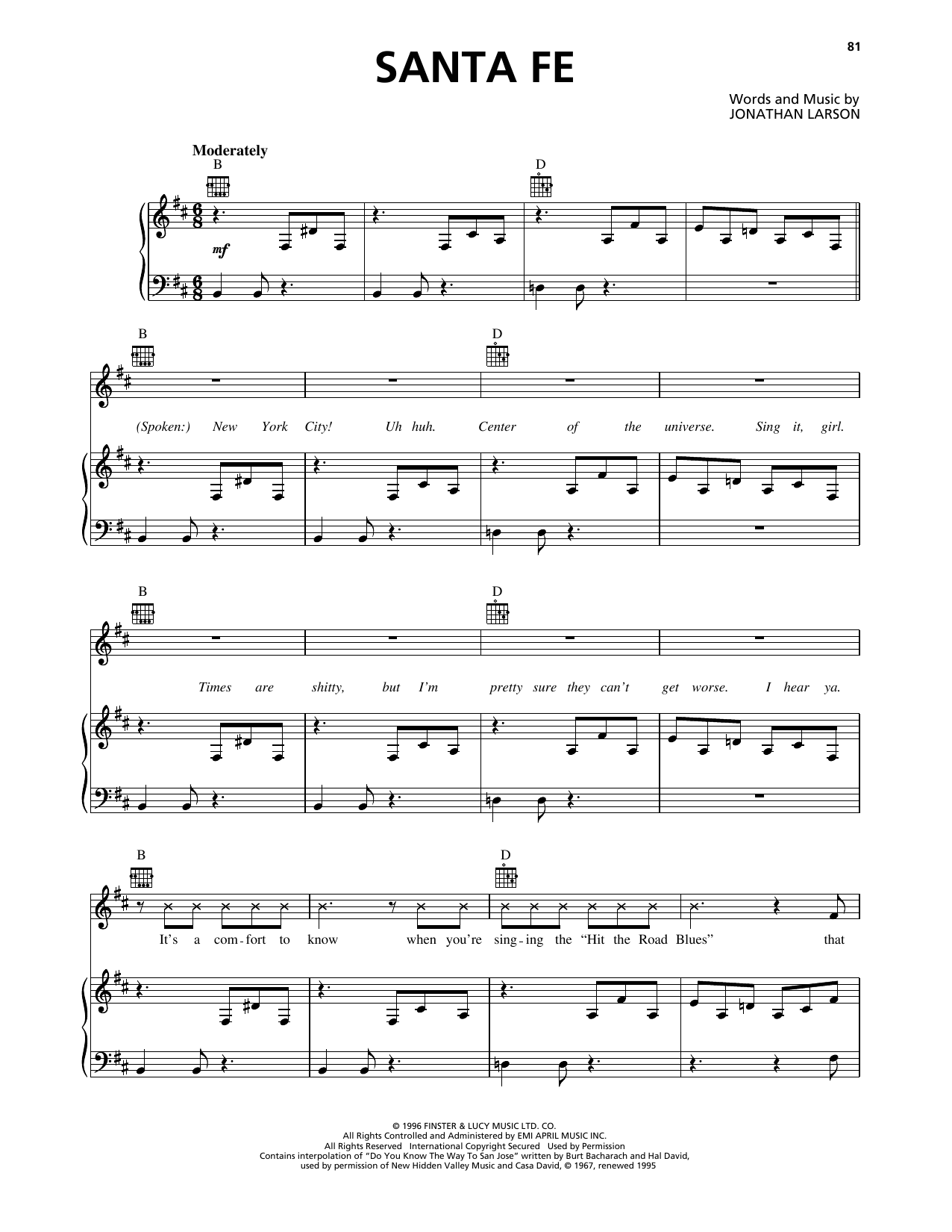 Download Jonathan Larson Santa Fe (from Rent) Sheet Music and learn how to play Piano, Vocal & Guitar Chords (Right-Hand Melody) PDF digital score in minutes