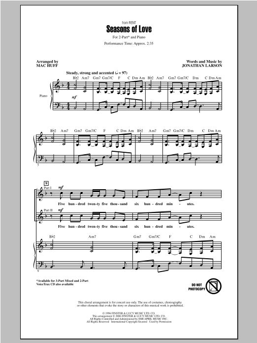 Download Jonathan Larson Seasons Of Love (from Rent) (arr. Mac Huff) Sheet Music and learn how to play 2-Part Choir PDF digital score in minutes