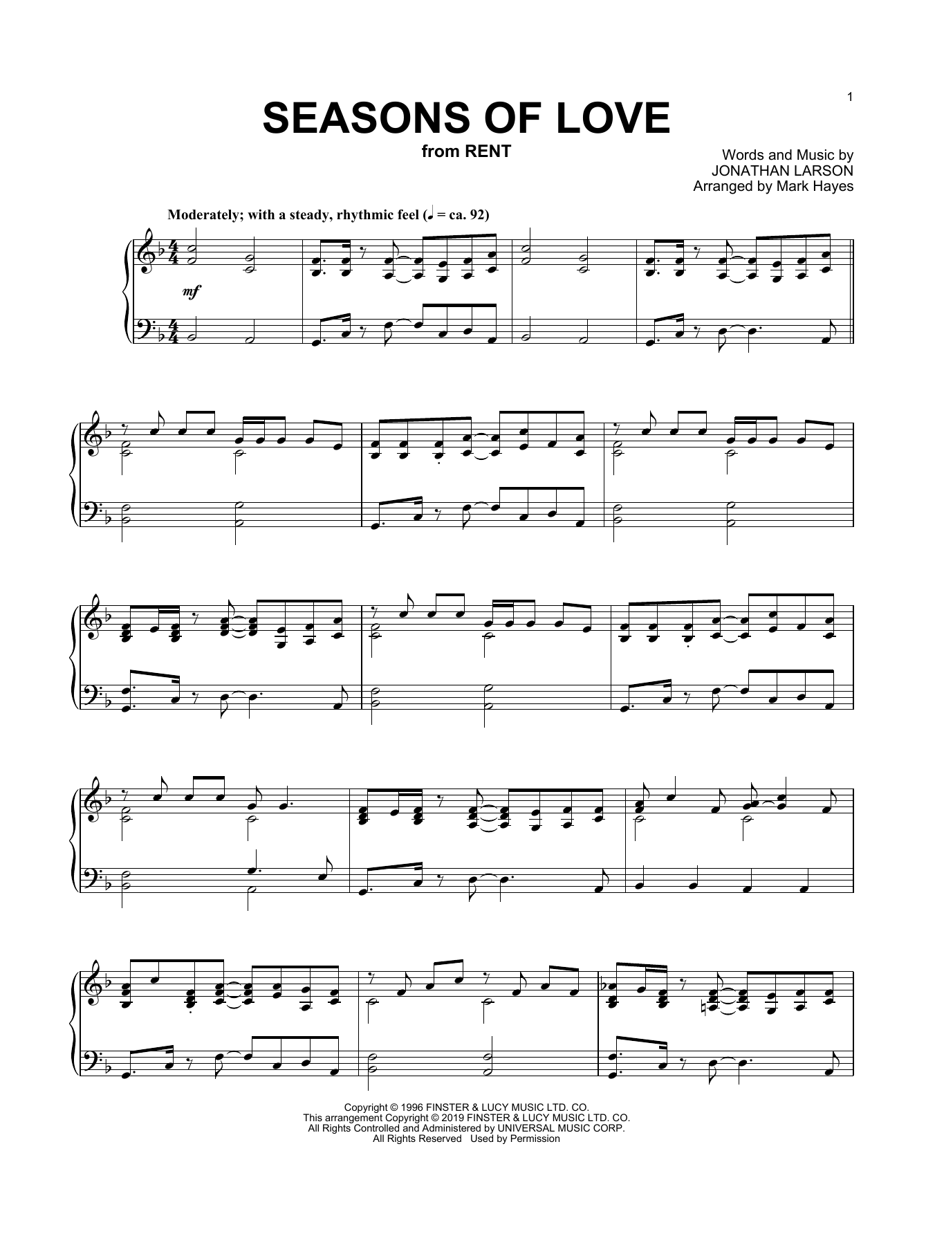 Download Jonathan Larson Seasons Of Love (from Rent) (arr. Mark Hayes) Sheet Music and learn how to play Piano Solo PDF digital score in minutes