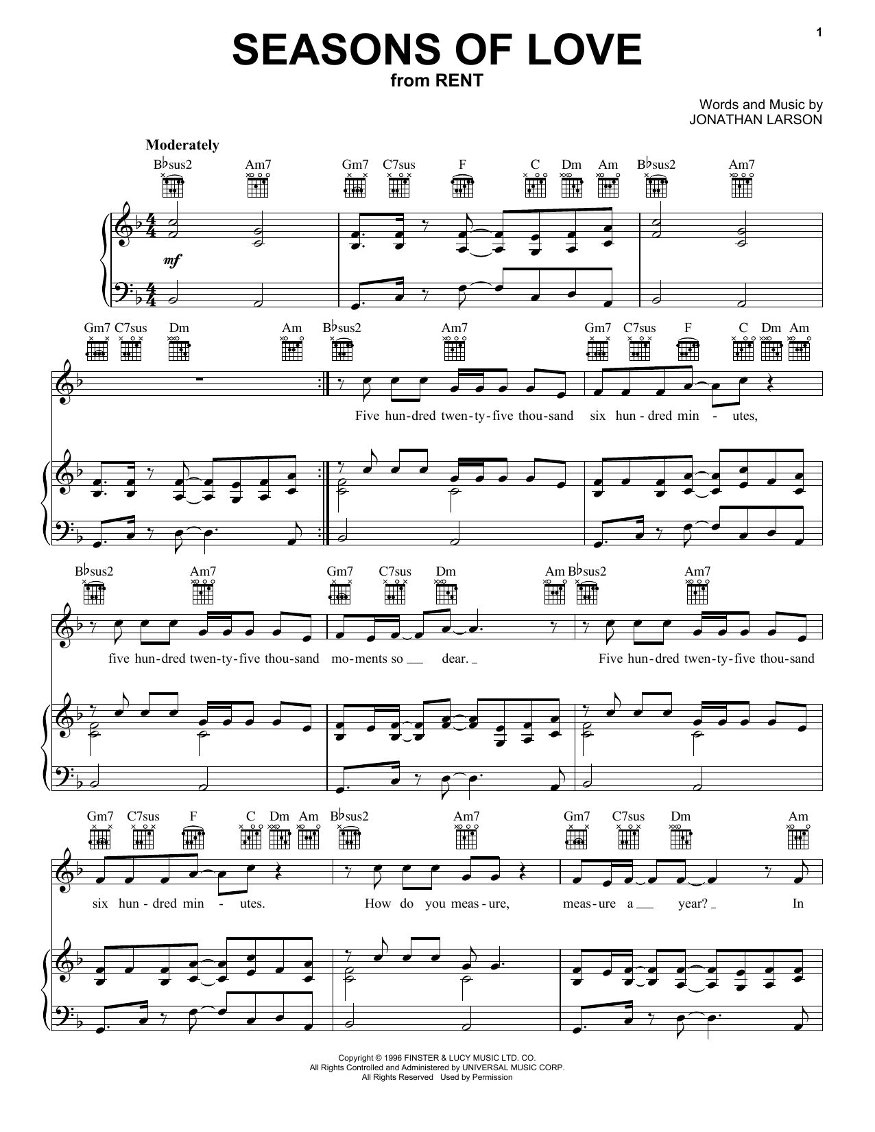 Download Jonathan Larson Seasons Of Love Sheet Music and learn how to play Piano, Vocal & Guitar (Right-Hand Melody) PDF digital score in minutes