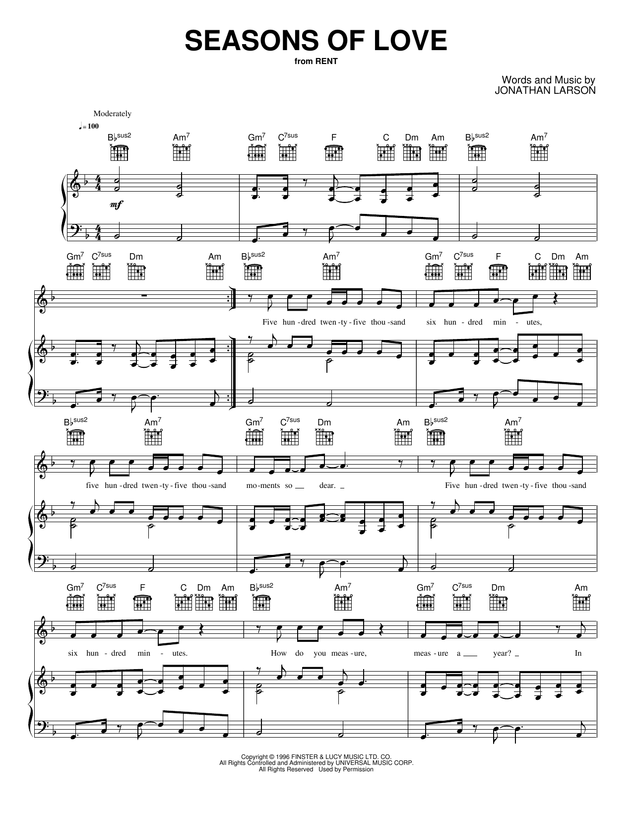 Download Jonathan Larson Seasons of Love Sheet Music and learn how to play Piano, Vocal & Guitar Chords (Right-Hand Melody) PDF digital score in minutes