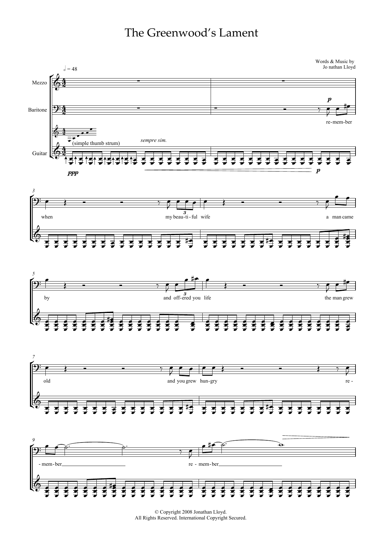 Download Jonathan Lloyd The Greenwood's Lament (for mezzo-soprano, baritone & guitar) Sheet Music and learn how to play Piano & Vocal PDF digital score in minutes
