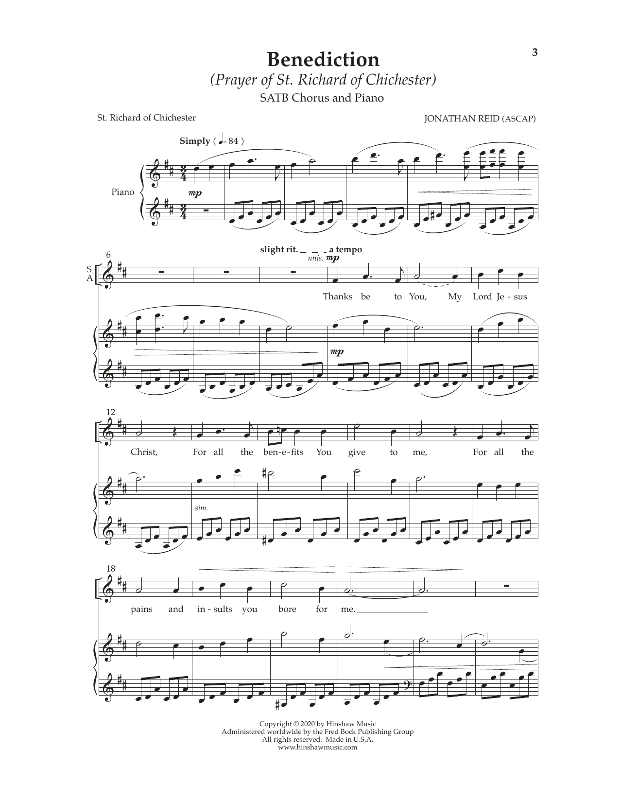 Download Jonathan Reid Benediction (Prayer of St. Richard of Chichester) Sheet Music and learn how to play SATB Choir PDF digital score in minutes