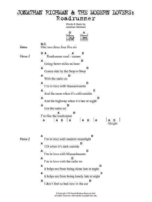 Download Jonathan Richman Roadrunner Sheet Music and learn how to play Lyrics & Chords PDF digital score in minutes