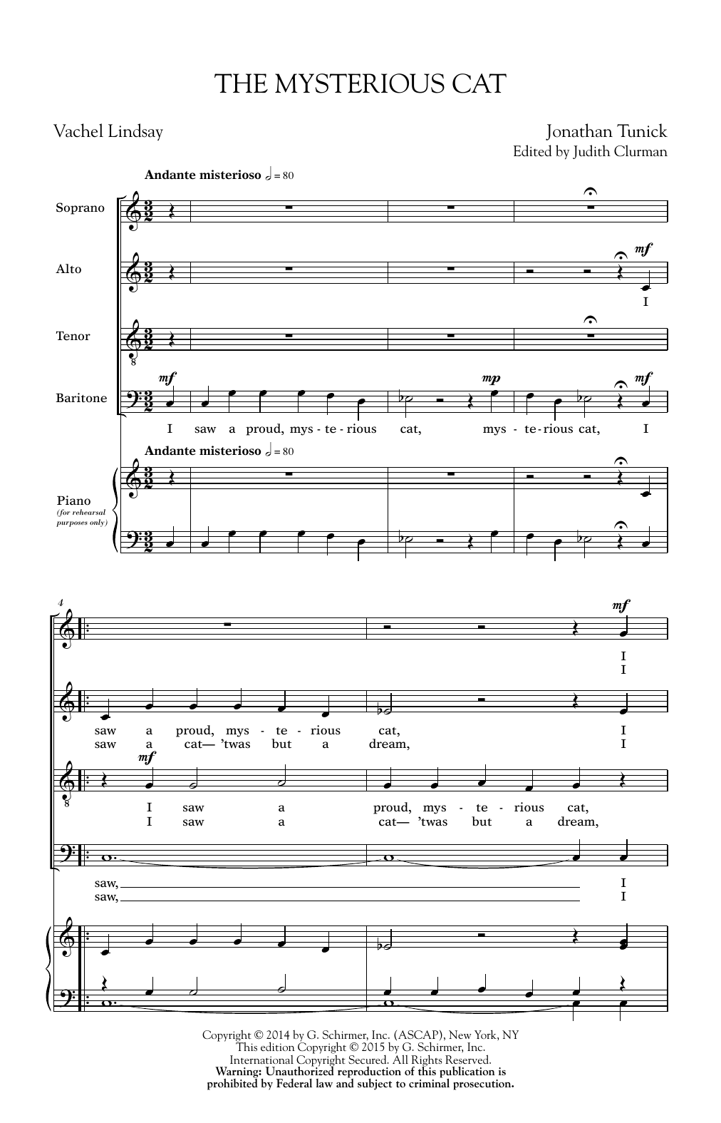 Download Jonathan Tunick The Mysterious Cat Sheet Music and learn how to play SATB PDF digital score in minutes