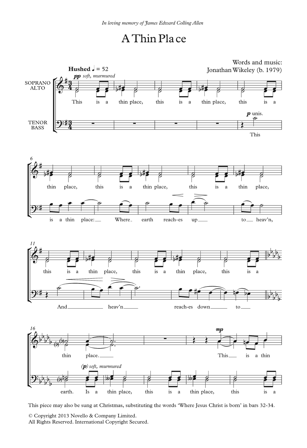 Download Jonathan Wikeley A Thin Place Sheet Music and learn how to play SATB PDF digital score in minutes