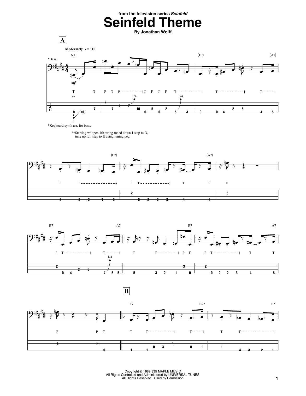 Download Jonathan Wolff Seinfeld Theme Sheet Music and learn how to play Bass Guitar Tab PDF digital score in minutes