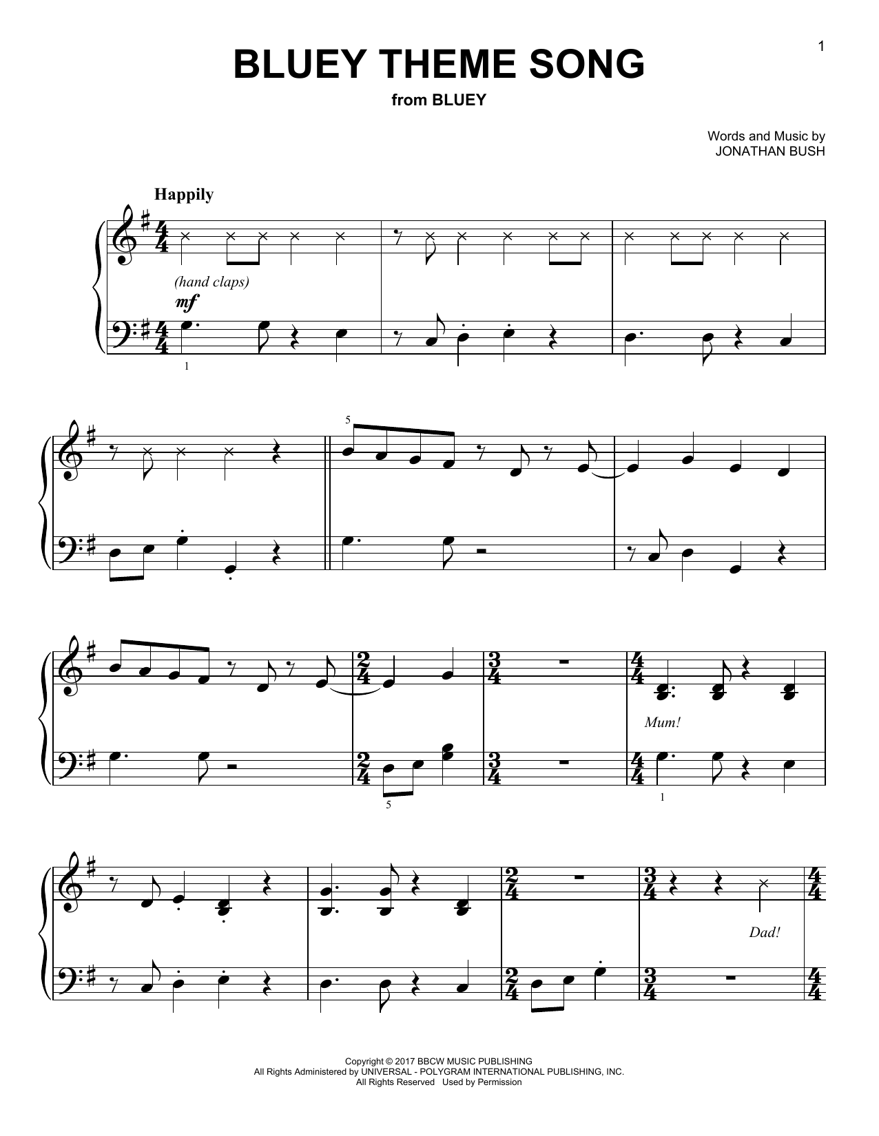 Jonathan Bush "Bluey Theme Song" Sheet Music Notes | Download Printable