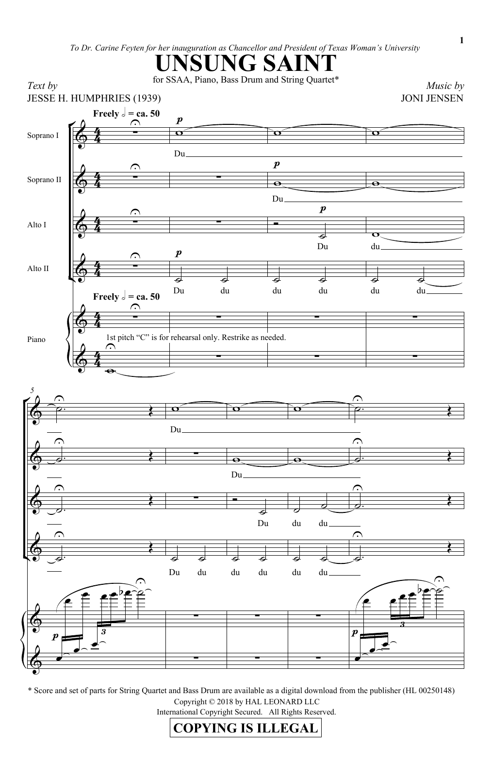 Download Joni Jensen Unsung Saint Sheet Music and learn how to play SSAA Choir PDF digital score in minutes