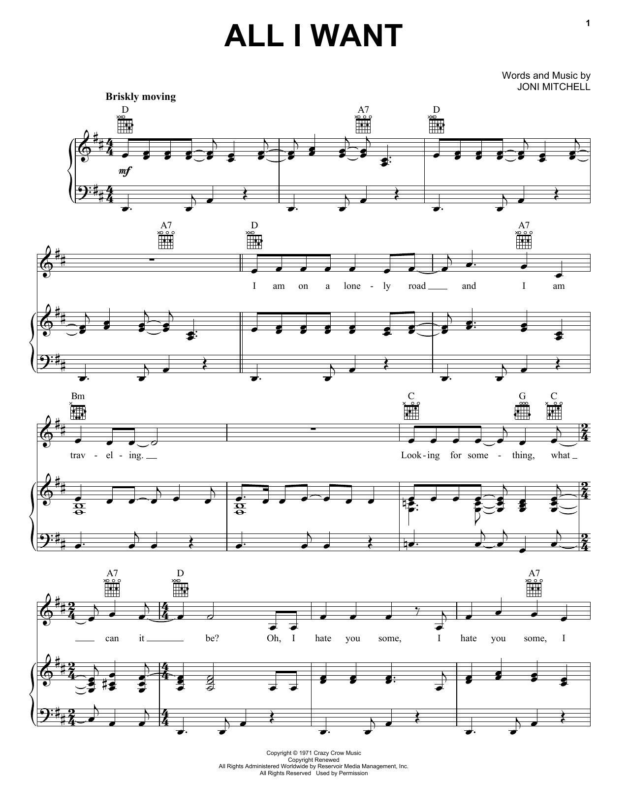 Download Joni Mitchell All I Want Sheet Music and learn how to play Piano, Vocal & Guitar Chords (Right-Hand Melody) PDF digital score in minutes