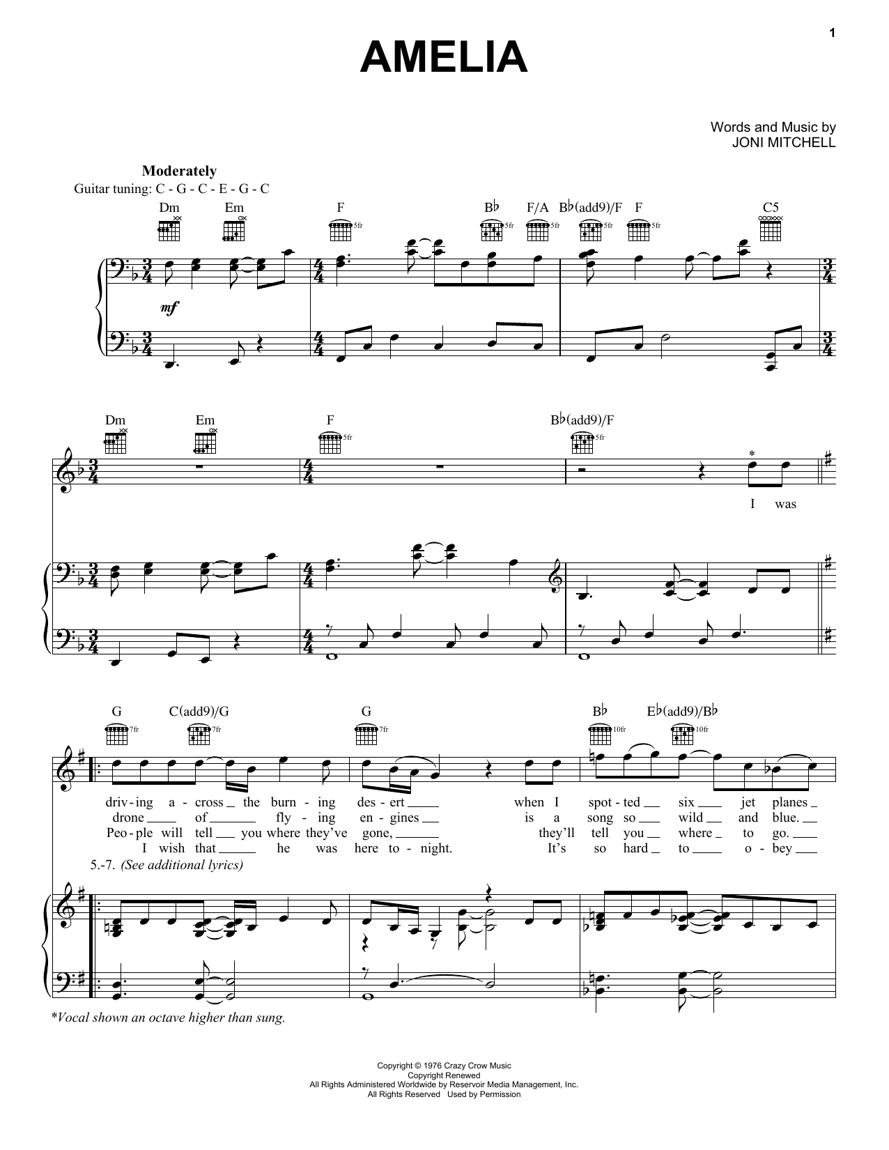 Download Joni Mitchell Amelia Sheet Music and learn how to play Piano, Vocal & Guitar Chords (Right-Hand Melody) PDF digital score in minutes