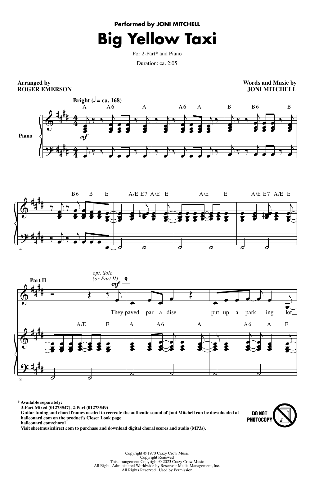 Download Joni Mitchell Big Yellow Taxi (arr. Roger Emerson) Sheet Music and learn how to play 2-Part Choir PDF digital score in minutes