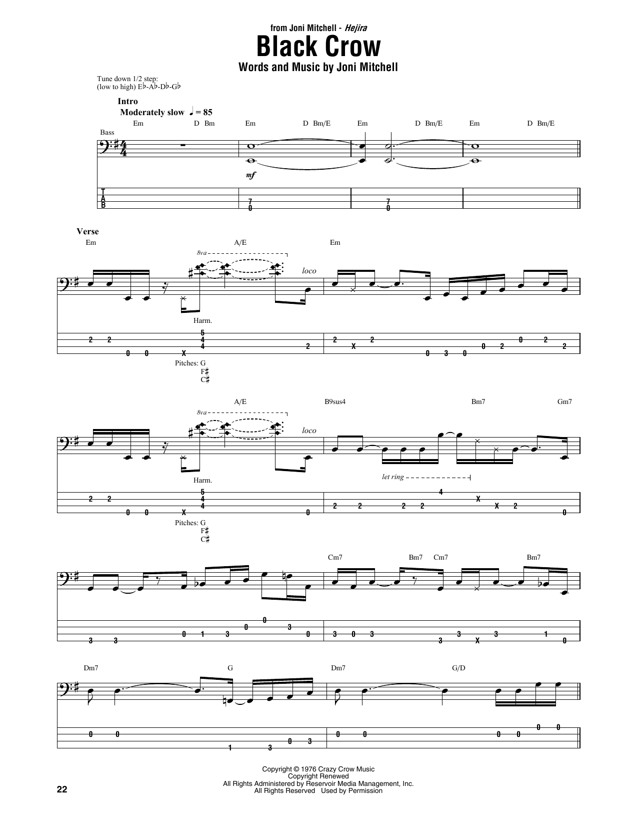 Download Joni Mitchell Black Crow Sheet Music and learn how to play Bass Guitar Tab PDF digital score in minutes