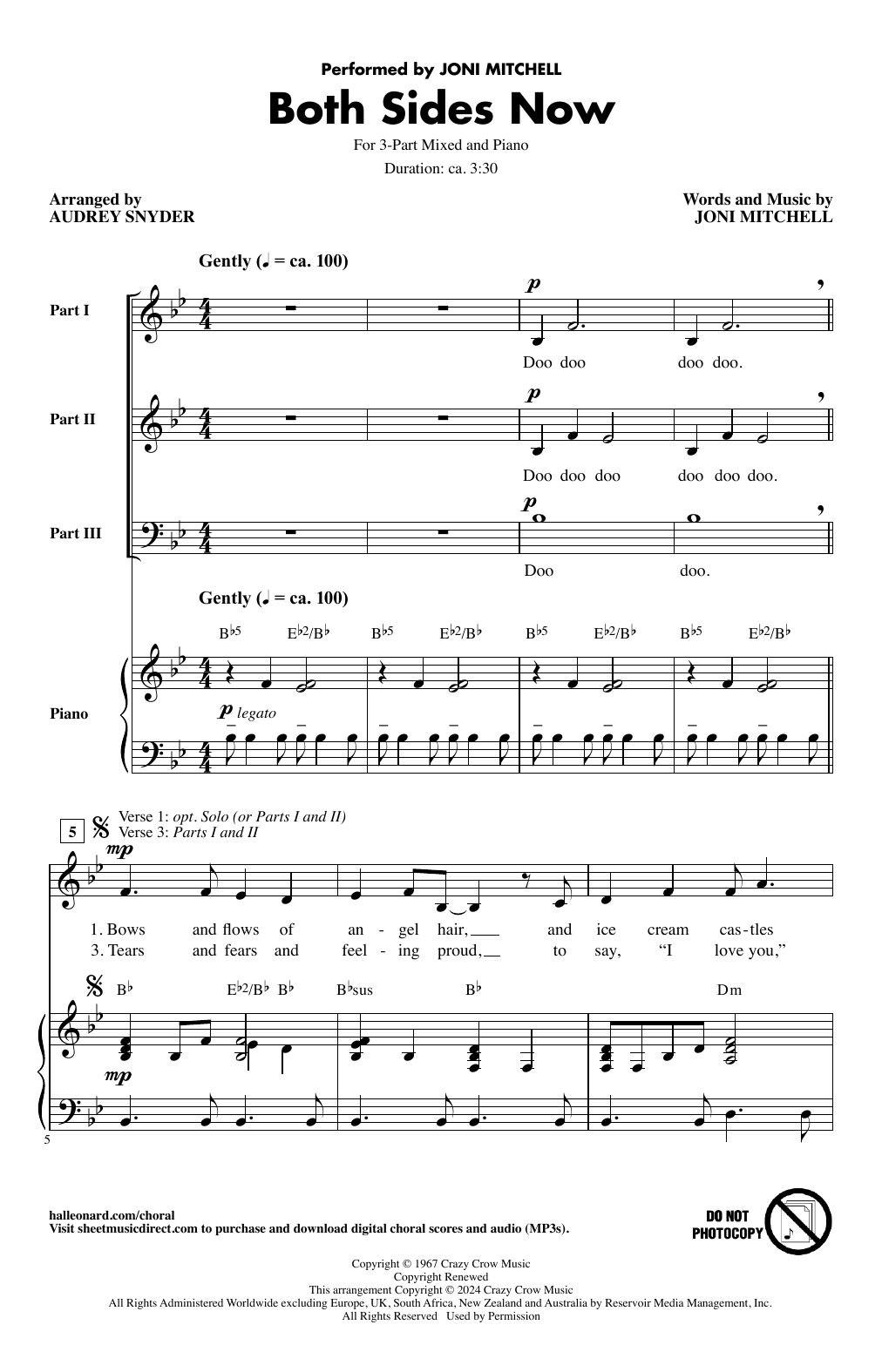 Download Joni Mitchell Both Sides Now (arr. Audrey Snyder) Sheet Music and learn how to play 3-Part Mixed Choir PDF digital score in minutes