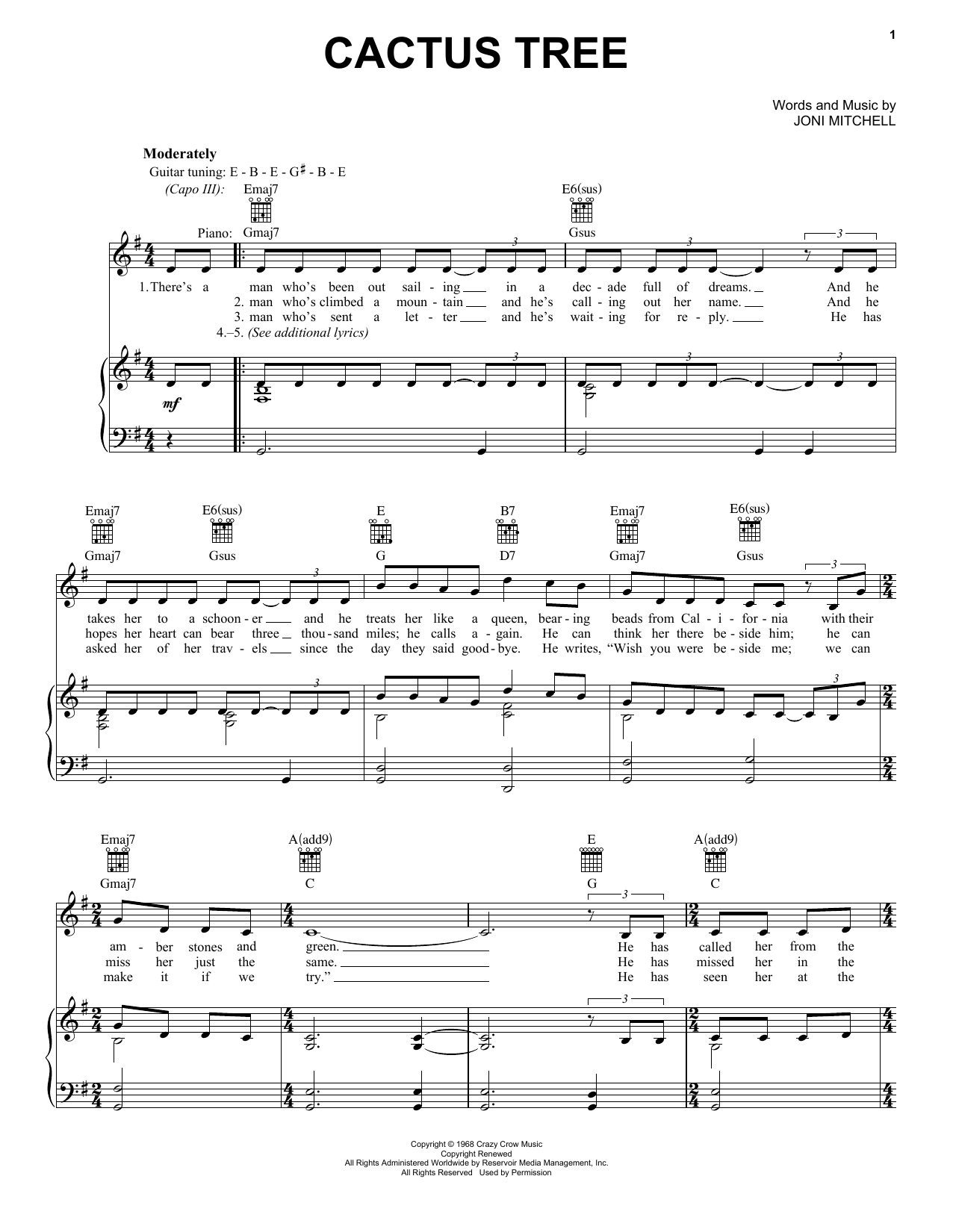 Download Joni Mitchell Cactus Tree Sheet Music and learn how to play Piano, Vocal & Guitar Chords (Right-Hand Melody) PDF digital score in minutes