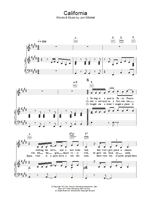 Download Joni Mitchell California Sheet Music and learn how to play Piano, Vocal & Guitar (Right-Hand Melody) PDF digital score in minutes