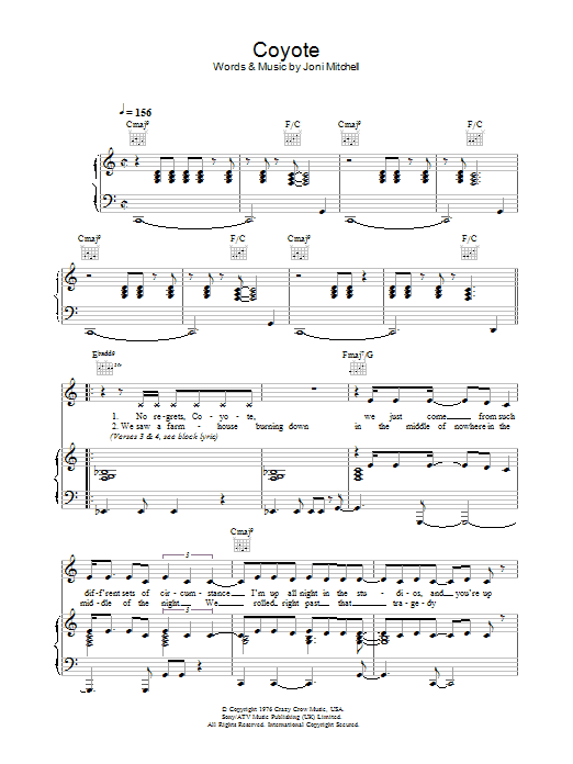 Download Joni Mitchell Coyote Sheet Music and learn how to play Bass Guitar Tab PDF digital score in minutes