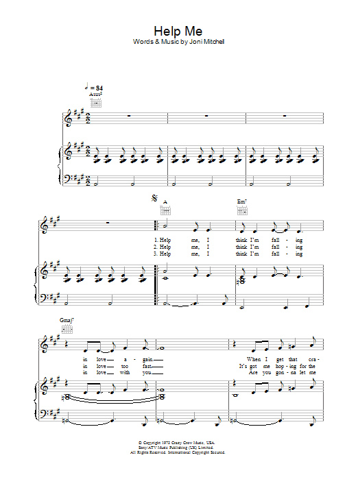 Download Joni Mitchell Help Me Sheet Music and learn how to play Piano, Vocal & Guitar (Right-Hand Melody) PDF digital score in minutes