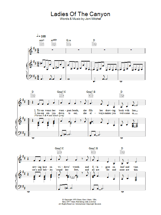 Download Joni Mitchell Ladies Of The Canyon Sheet Music and learn how to play Piano, Vocal & Guitar (Right-Hand Melody) PDF digital score in minutes