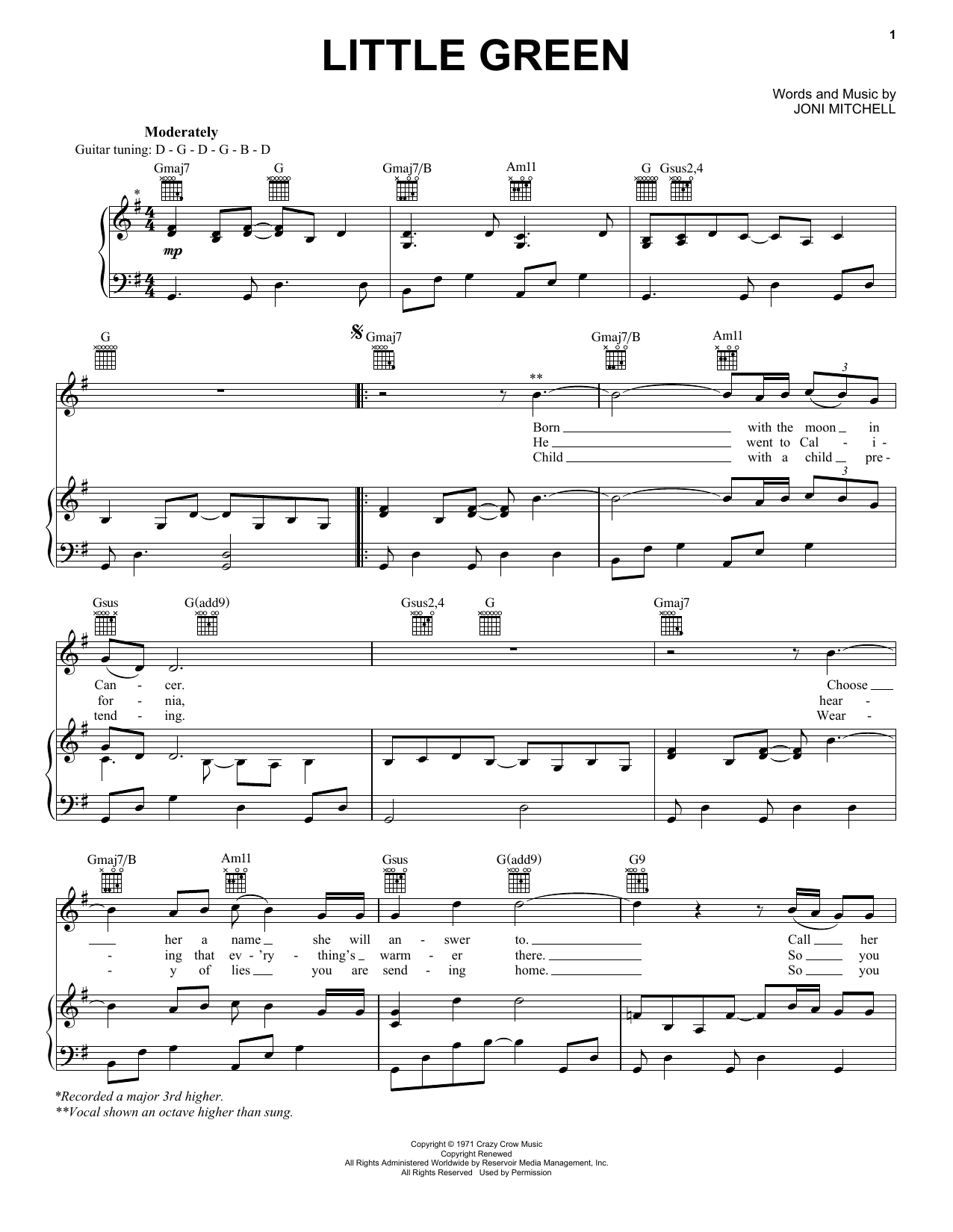 Download Joni Mitchell Little Green Sheet Music and learn how to play Piano, Vocal & Guitar Chords (Right-Hand Melody) PDF digital score in minutes