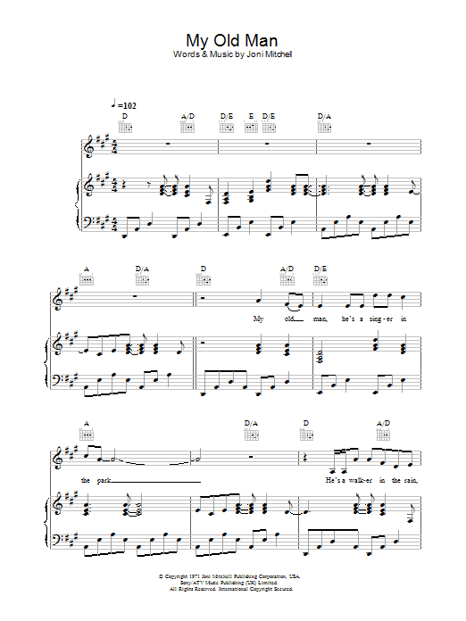 Download Joni Mitchell My Old Man Sheet Music and learn how to play Piano, Vocal & Guitar Chords (Right-Hand Melody) PDF digital score in minutes