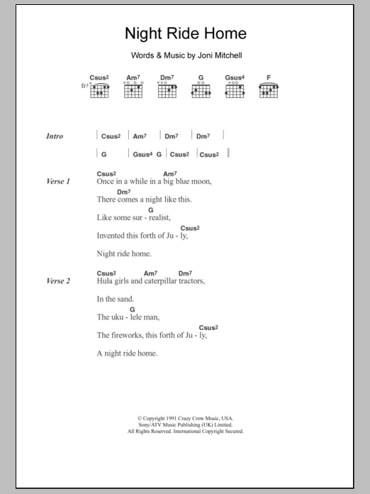 Download Joni Mitchell Night Ride Home Sheet Music and learn how to play Lyrics & Chords PDF digital score in minutes