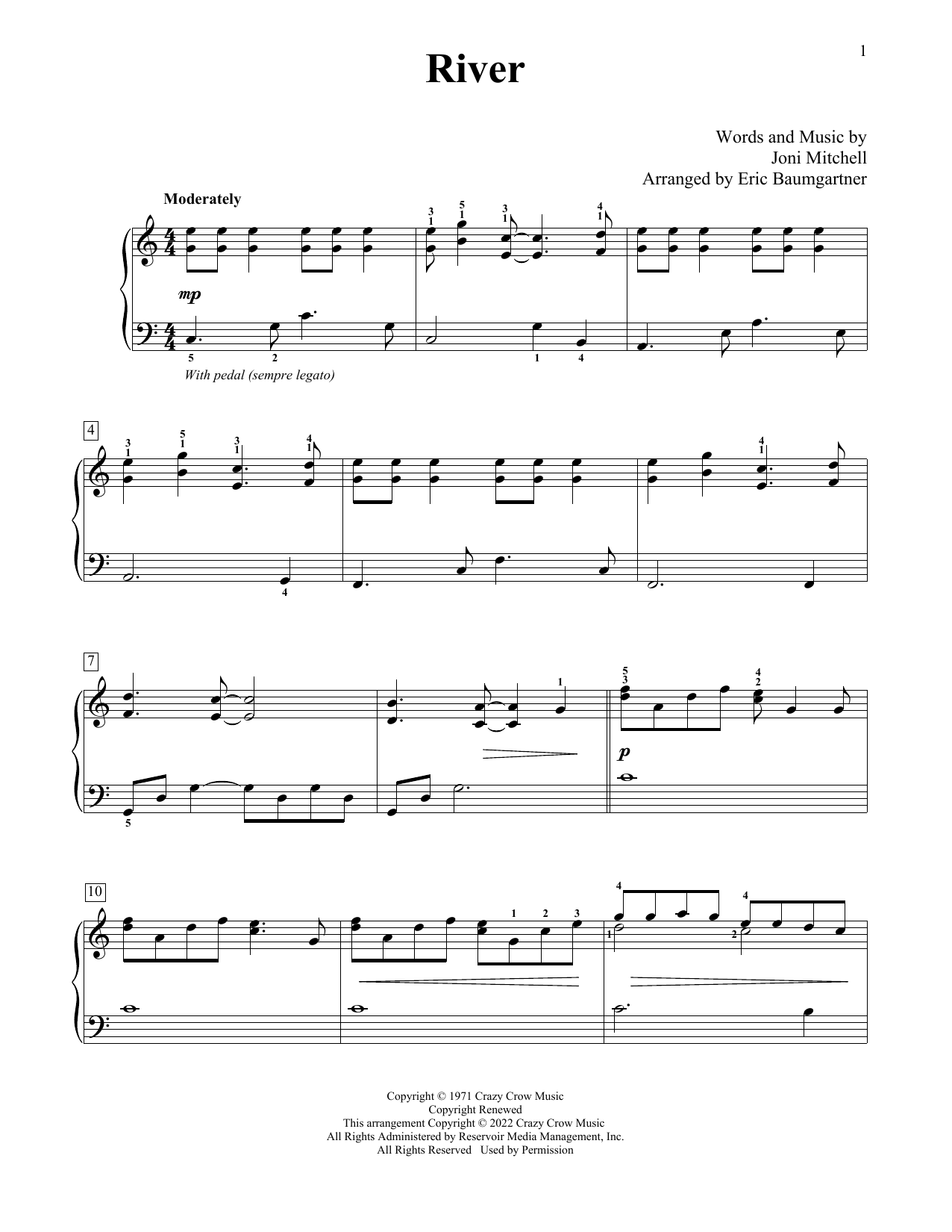 Download Joni Mitchell River (arr. Eric Baumgartner) Sheet Music and learn how to play Educational Piano PDF digital score in minutes