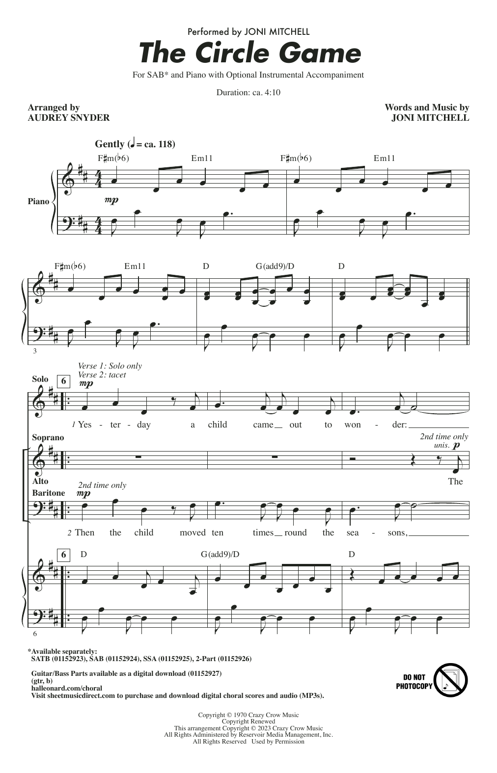 Download Joni Mitchell The Circle Game (arr. Audrey Snyder) Sheet Music and learn how to play SATB Choir PDF digital score in minutes