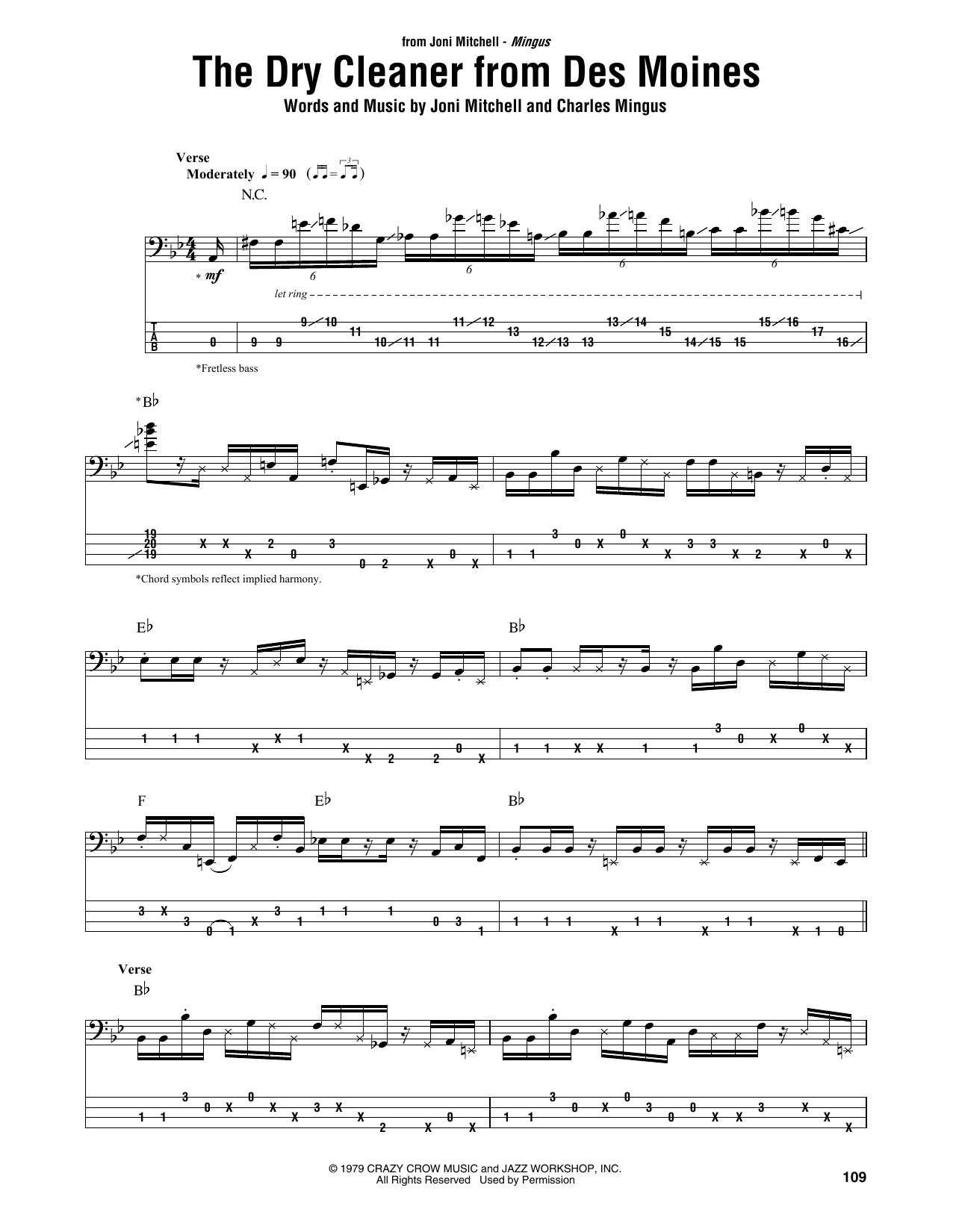 Download Joni Mitchell The Dry Cleaner From Des Moines Sheet Music and learn how to play Bass Guitar Tab PDF digital score in minutes