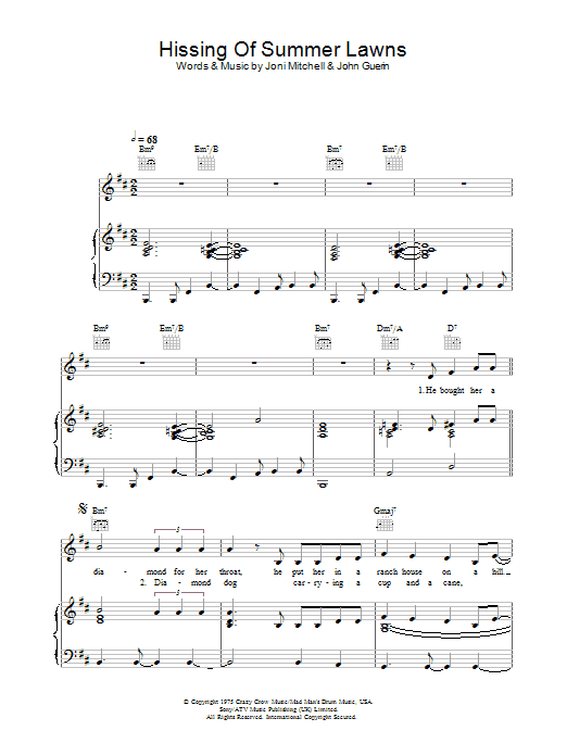 Download Joni Mitchell The Hissing Of Summer Lawns Sheet Music and learn how to play Piano, Vocal & Guitar Chords (Right-Hand Melody) PDF digital score in minutes