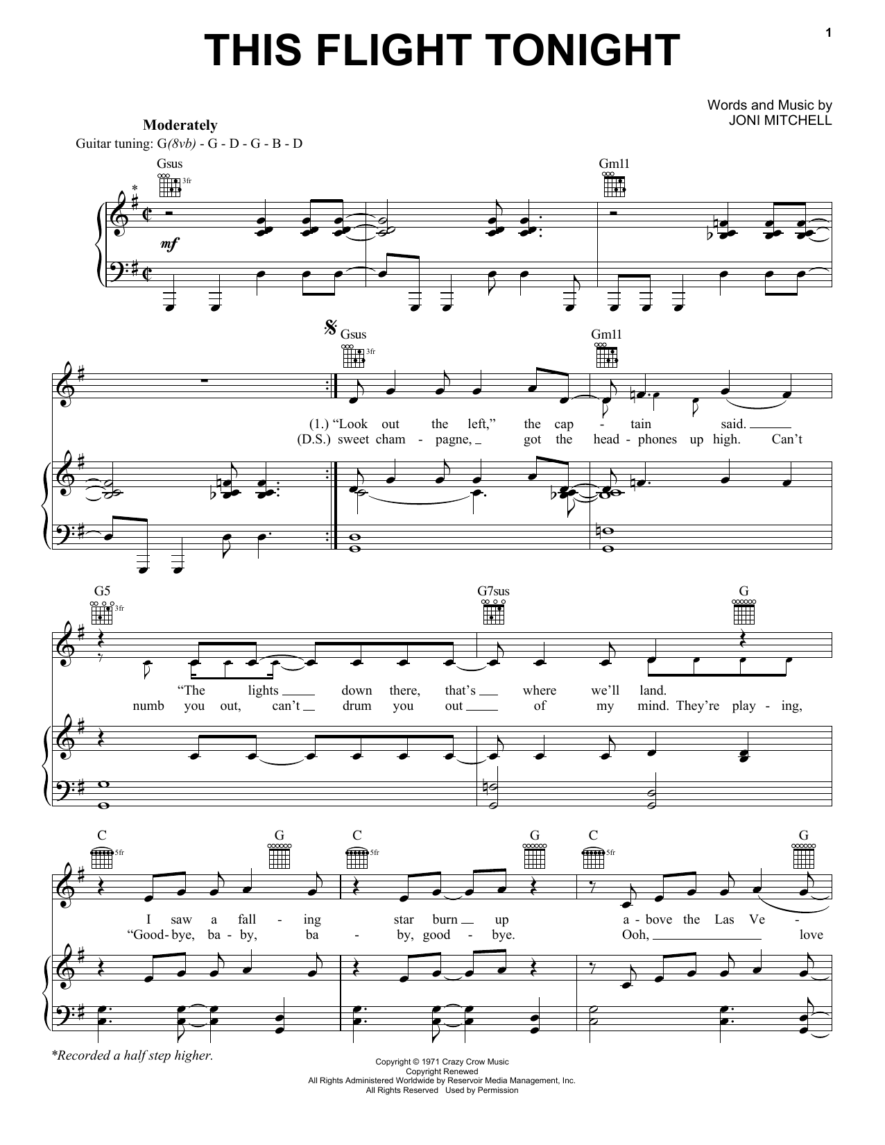 Download Joni Mitchell This Flight Tonight Sheet Music and learn how to play Piano, Vocal & Guitar Chords (Right-Hand Melody) PDF digital score in minutes