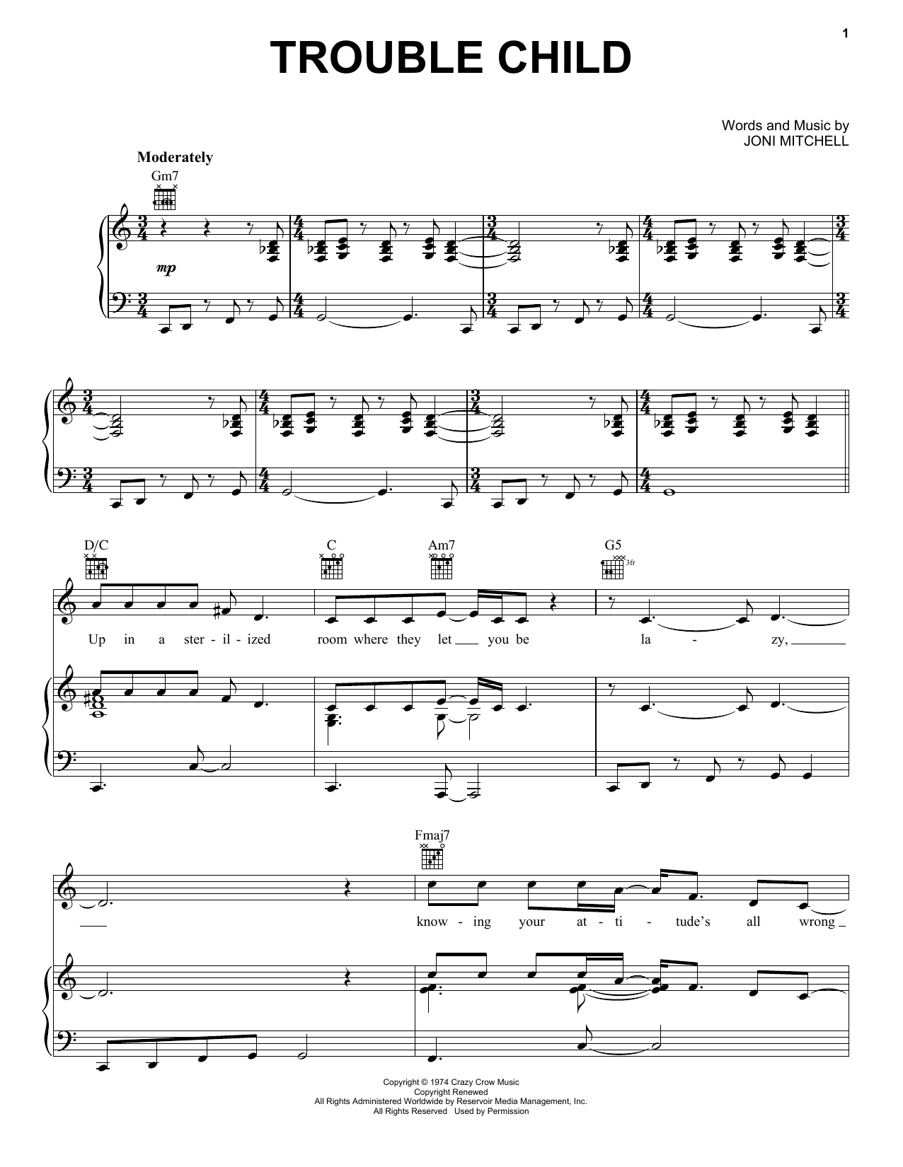 Download Joni Mitchell Trouble Child Sheet Music and learn how to play Piano, Vocal & Guitar Chords (Right-Hand Melody) PDF digital score in minutes
