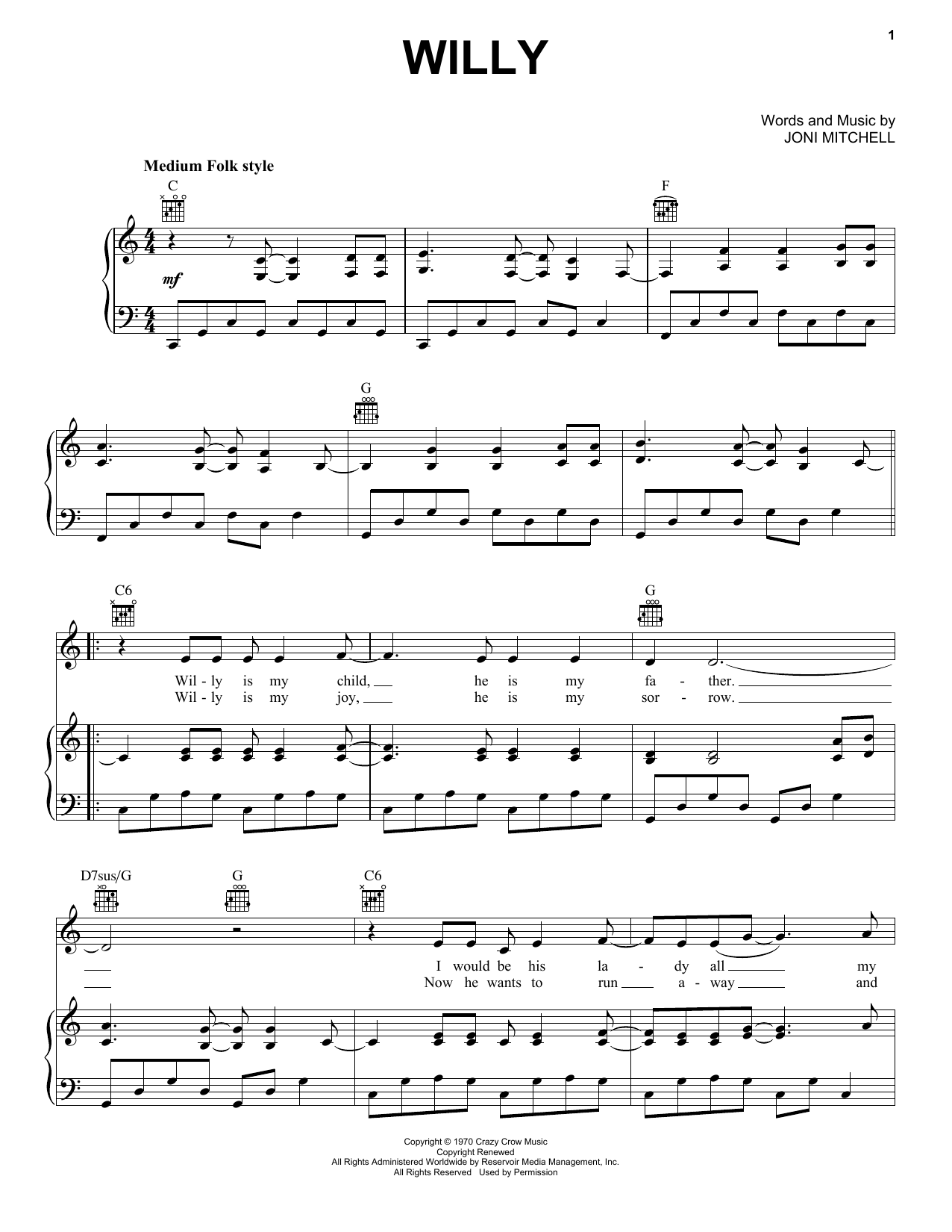 Download Joni Mitchell Willy Sheet Music and learn how to play Piano, Vocal & Guitar Chords (Right-Hand Melody) PDF digital score in minutes