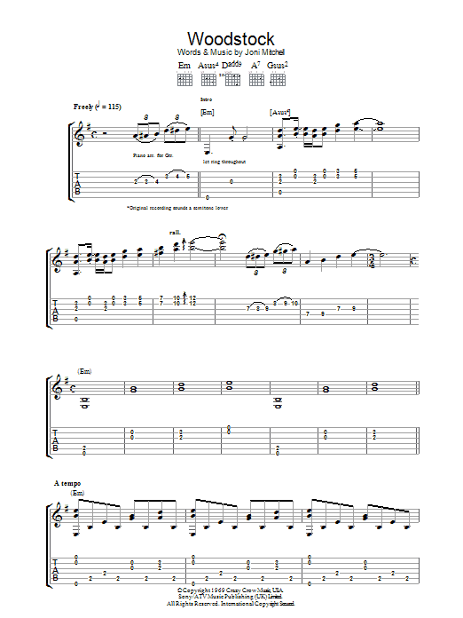 Download Joni Mitchell Woodstock Sheet Music and learn how to play Guitar Tab PDF digital score in minutes