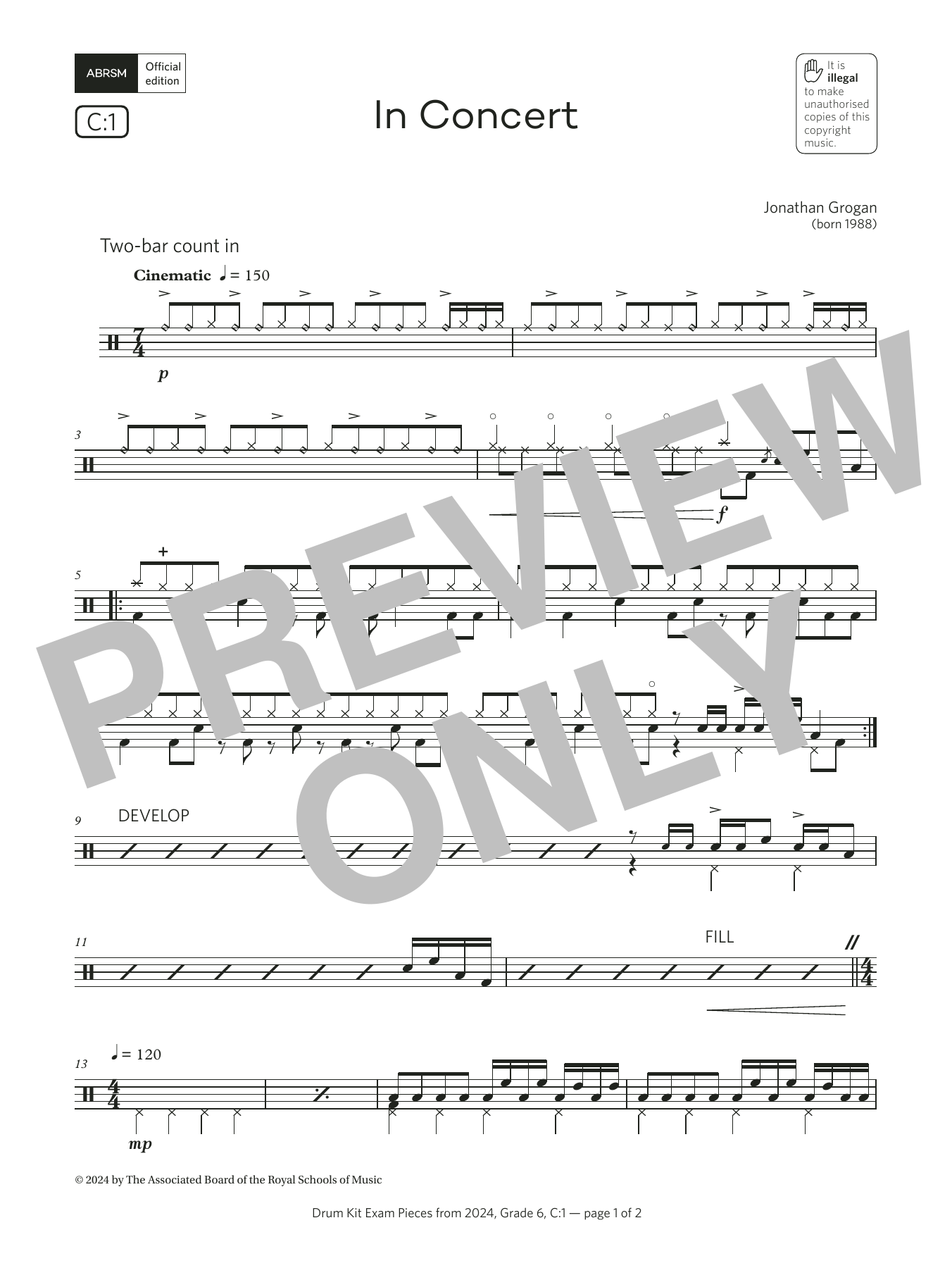Download Jonny Grogan In Concert (Grade 6, list C1, from the ABRSM Drum Kit Syllabus 2024) Sheet Music and learn how to play Drums PDF digital score in minutes