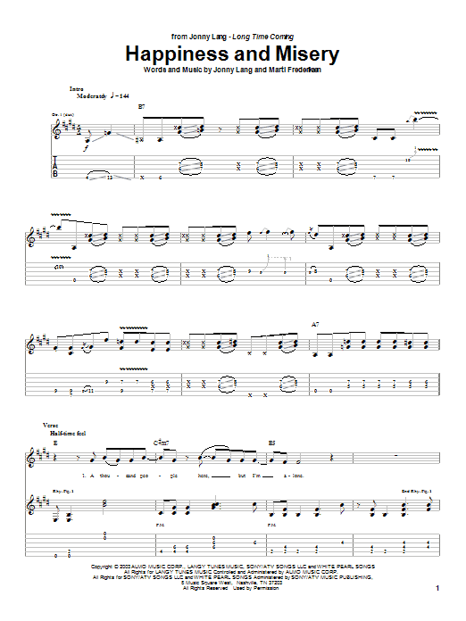 Download Jonny Lang Happiness And Misery Sheet Music and learn how to play Guitar Tab PDF digital score in minutes