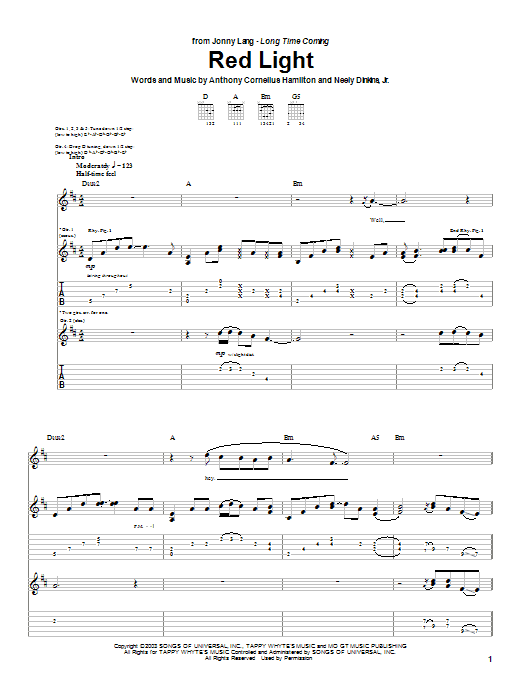 Download Jonny Lang Red Light Sheet Music and learn how to play Guitar Tab PDF digital score in minutes