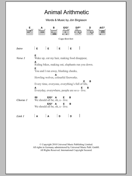 Download Jonsi Animal Arithmetic Sheet Music and learn how to play Lyrics & Chords PDF digital score in minutes