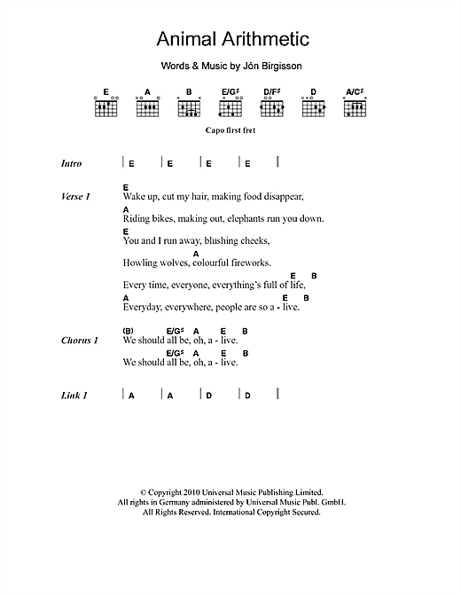 Download Jonsi Animal Arithmetic Sheet Music and learn how to play Lyrics & Chords PDF digital score in minutes