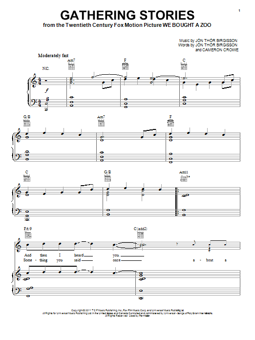 Download Jonsi Gathering Stories Sheet Music and learn how to play Piano, Vocal & Guitar (Right-Hand Melody) PDF digital score in minutes