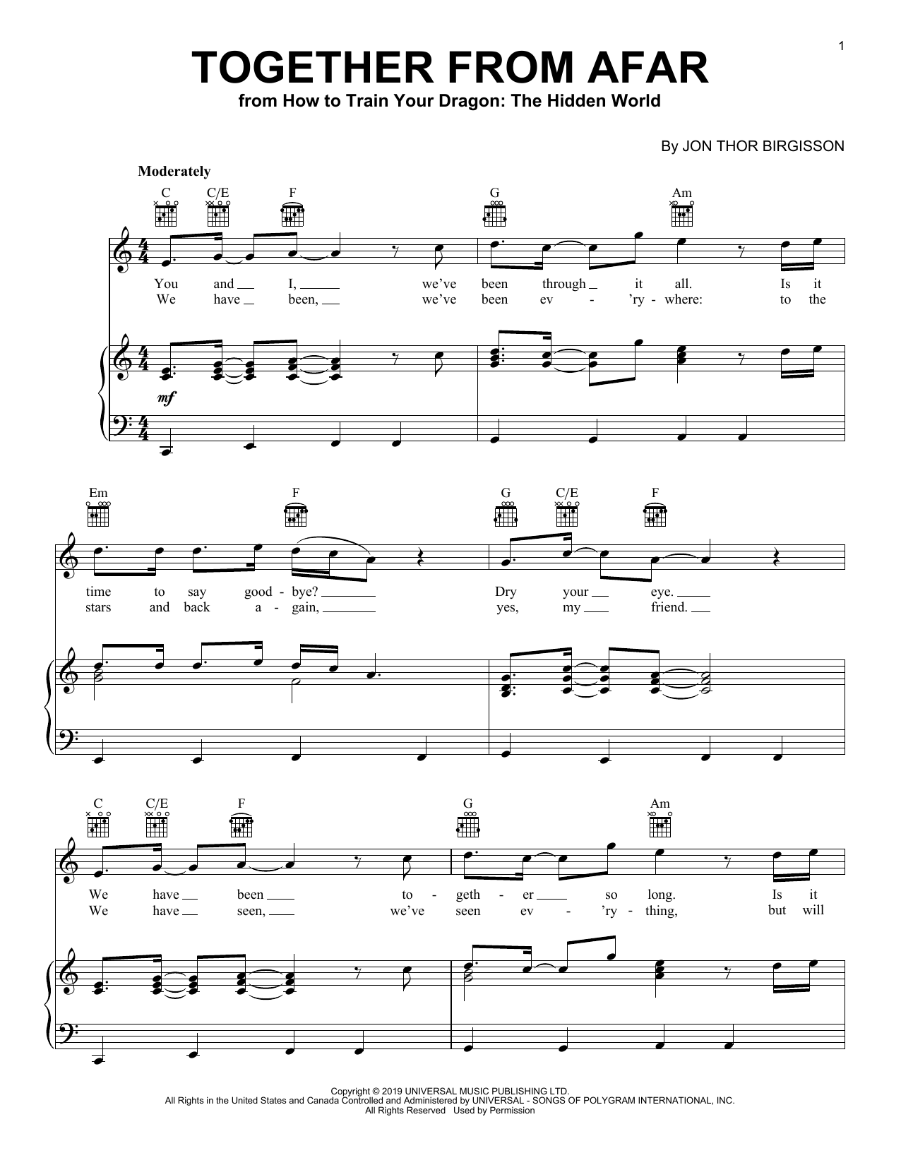 Download Jonsi Together From Afar (from How to Train Your Dragon: The Hidden World) Sheet Music and learn how to play Piano, Vocal & Guitar Chords (Right-Hand Melody) PDF digital score in minutes