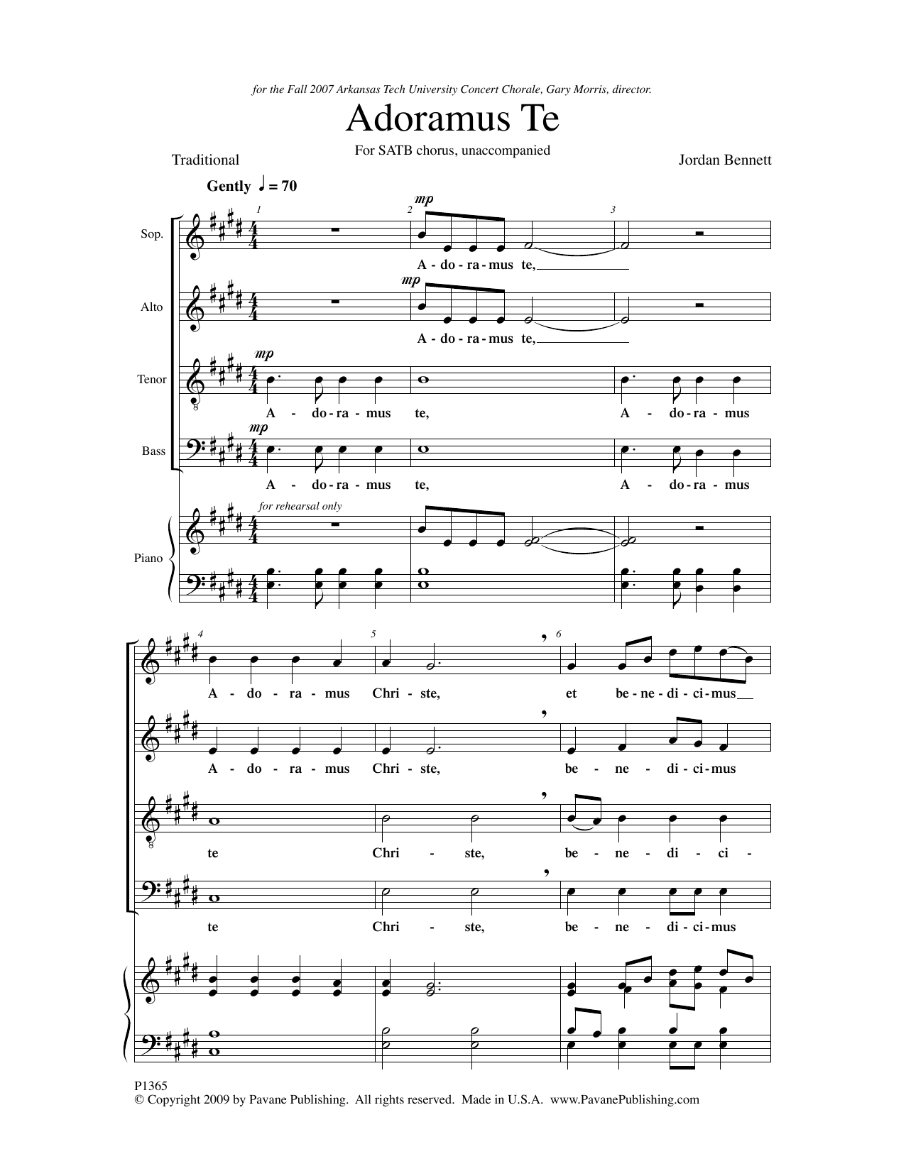 Download Jordan Bennett Adoramus Te Sheet Music and learn how to play SATB Choir PDF digital score in minutes