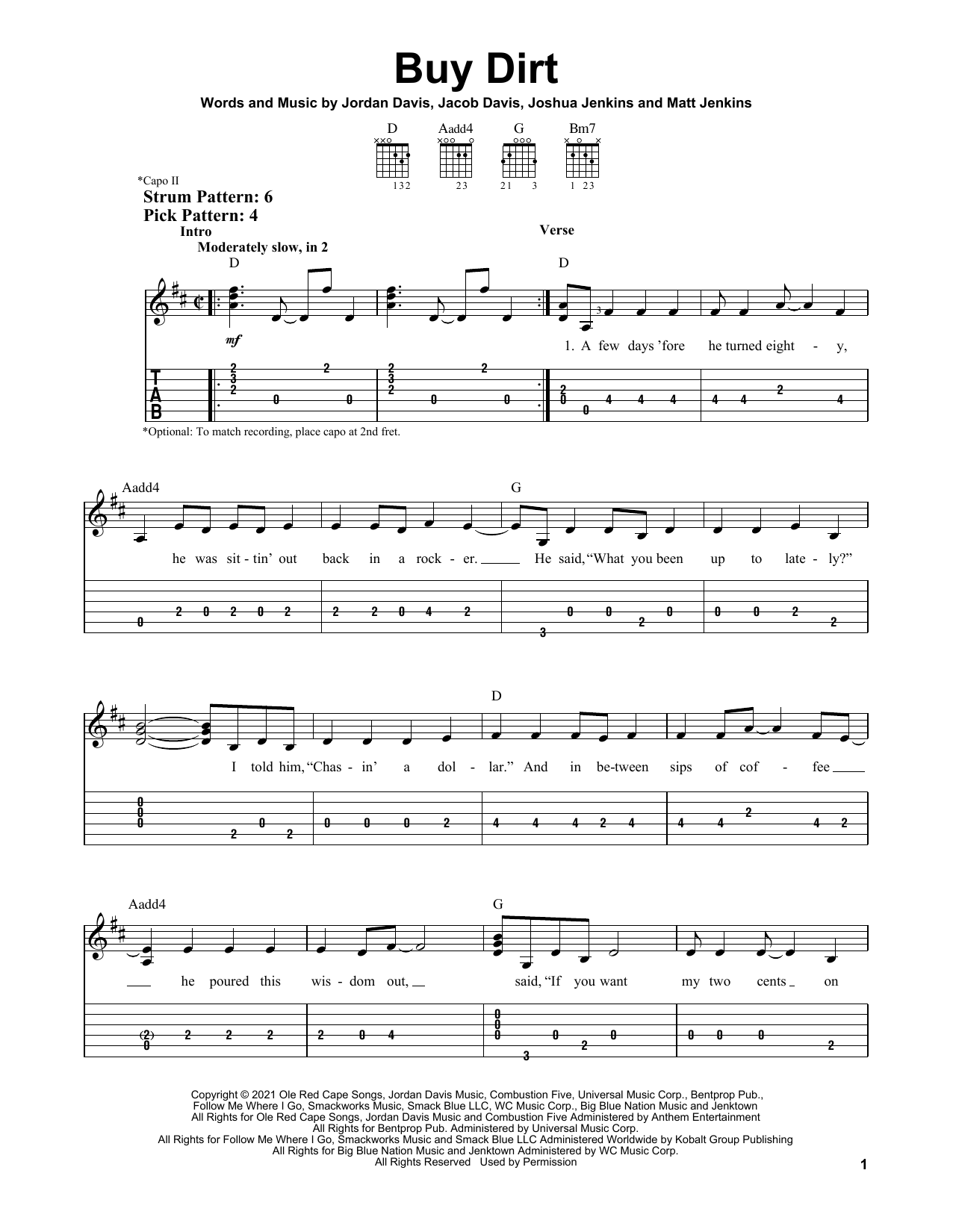 Download Jordan Davis and Luke Bryan Buy Dirt Sheet Music and learn how to play Easy Guitar Tab PDF digital score in minutes